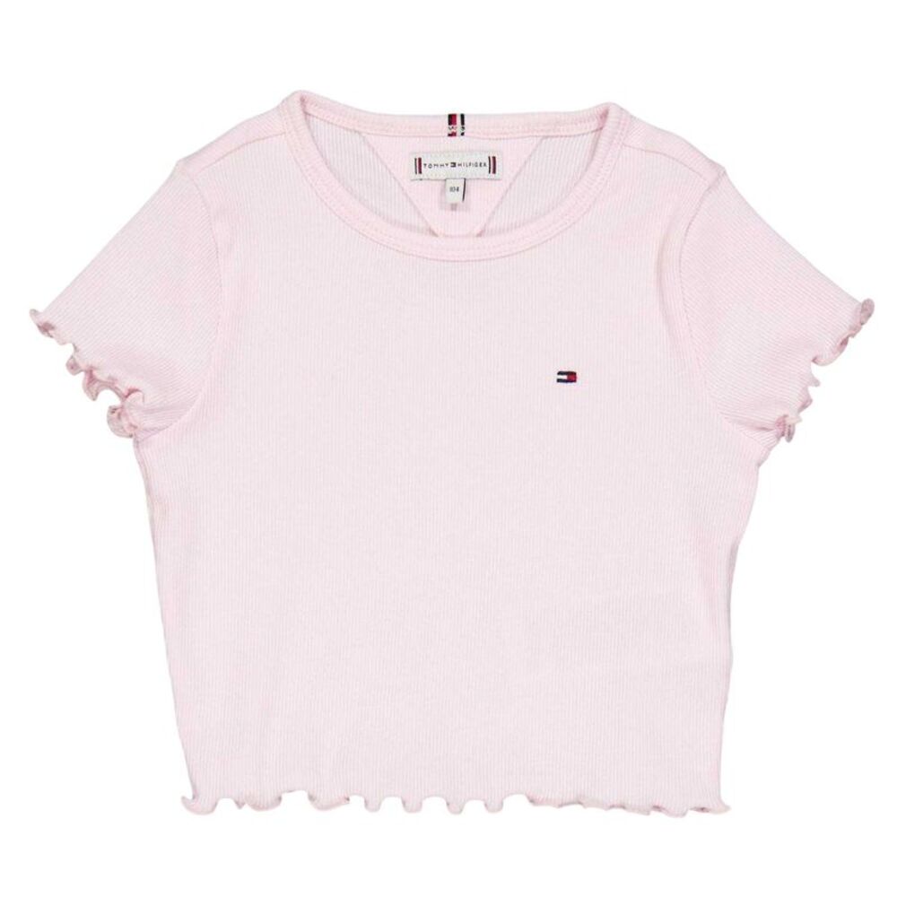 Tommy Hilfiger Girls Essential Embroidered Logo Ribbed Ruffle Crop Top / Light P